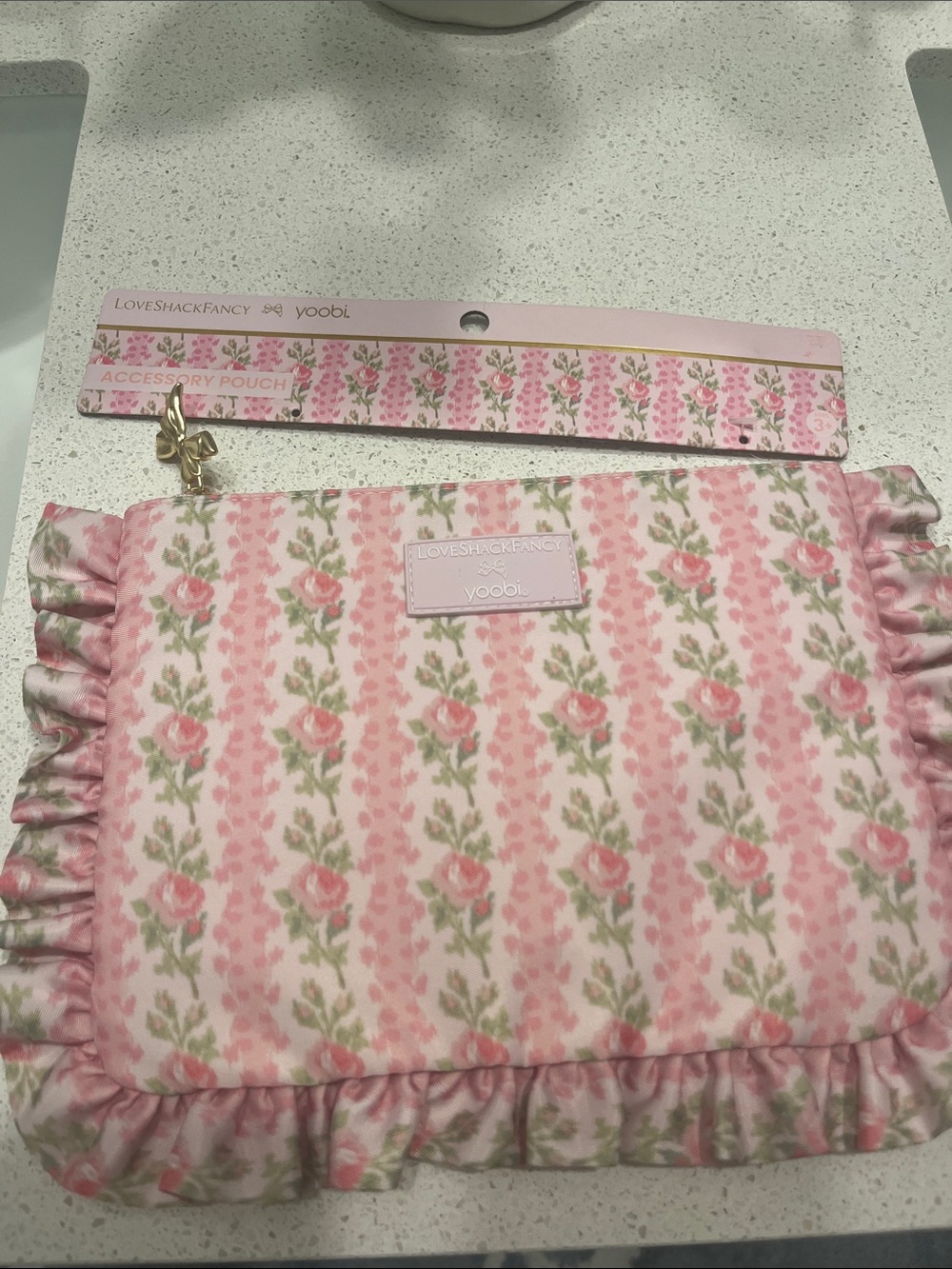 NWT LoveShackFancy Pink Floral Ruffle Accessory Pouch